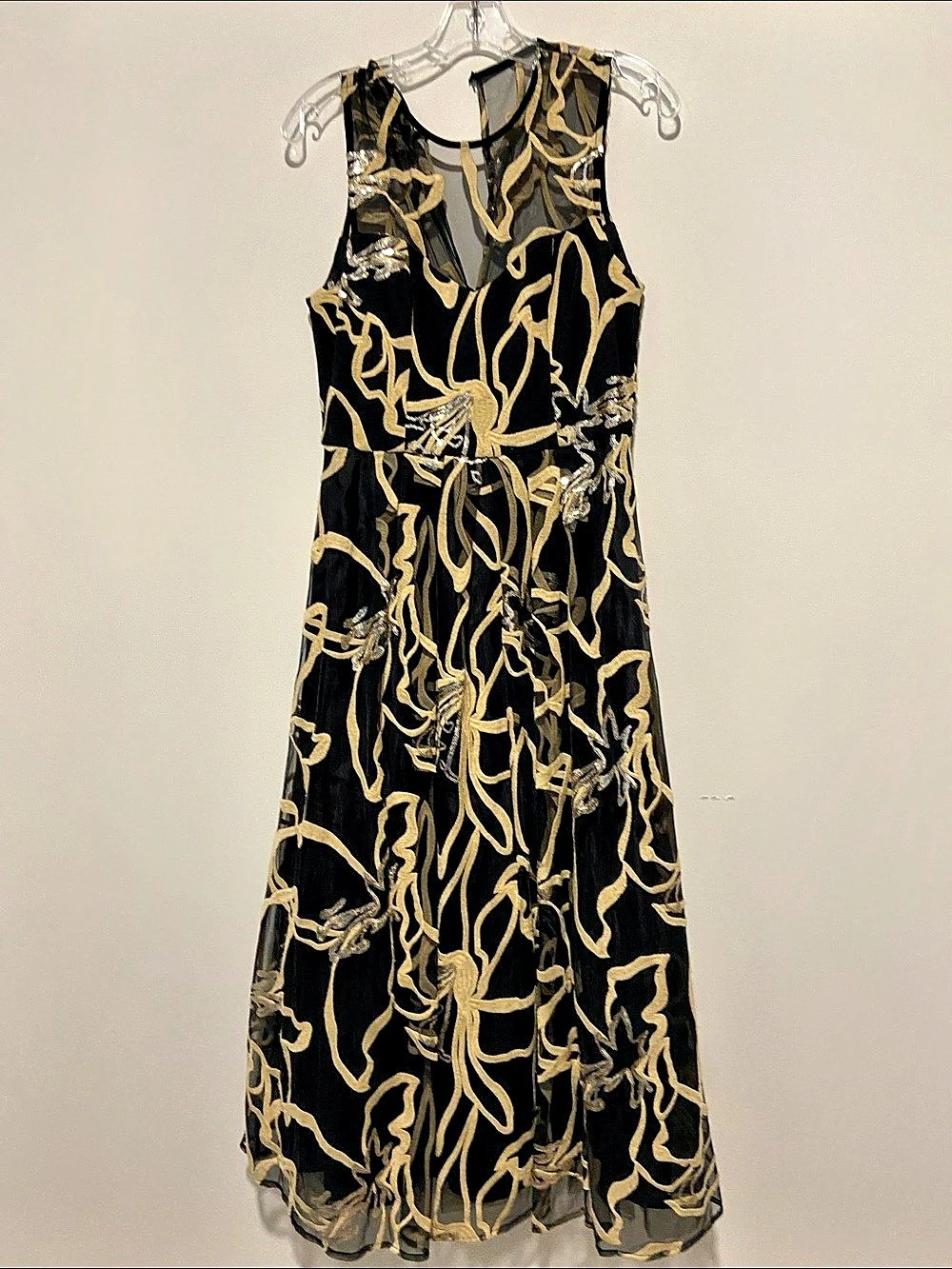 Donna Karan New York Abstract Embellished Midi Dress in Black & Gold Size 8 NWT